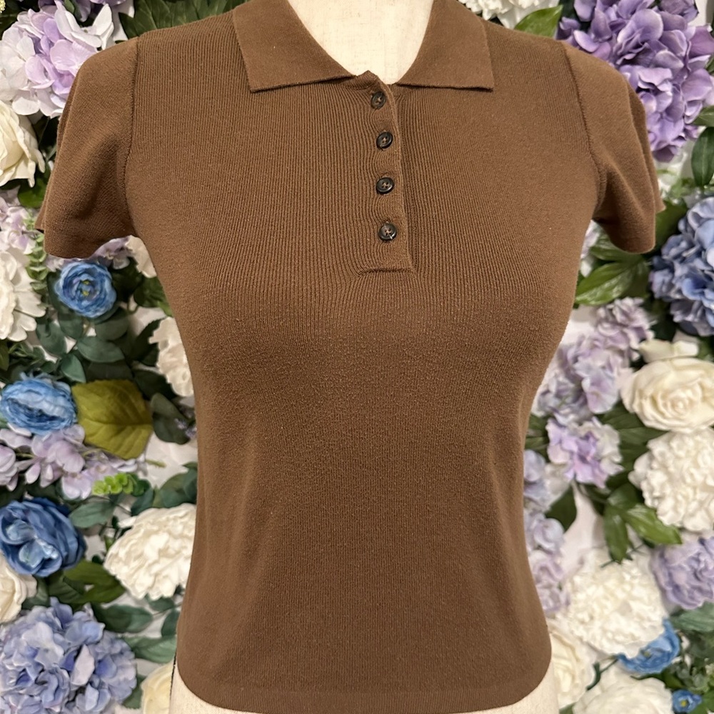 Brown Brandy Melville Quarter Button Up Cropped Shirt
